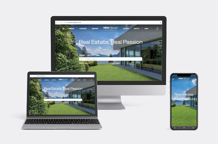Realizzazione grafica del nuovo sito internet di MDA group Real Estate, agenzia immobiliare Svizzera con sede a Lugano. Luca Bossi web designer